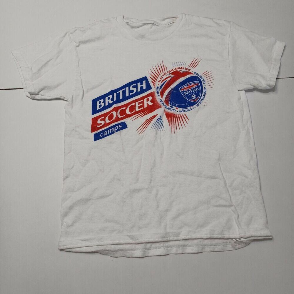 British Soccer Boys Medium T-Shirt White Red Blue Crew Neck 100% Cotton M